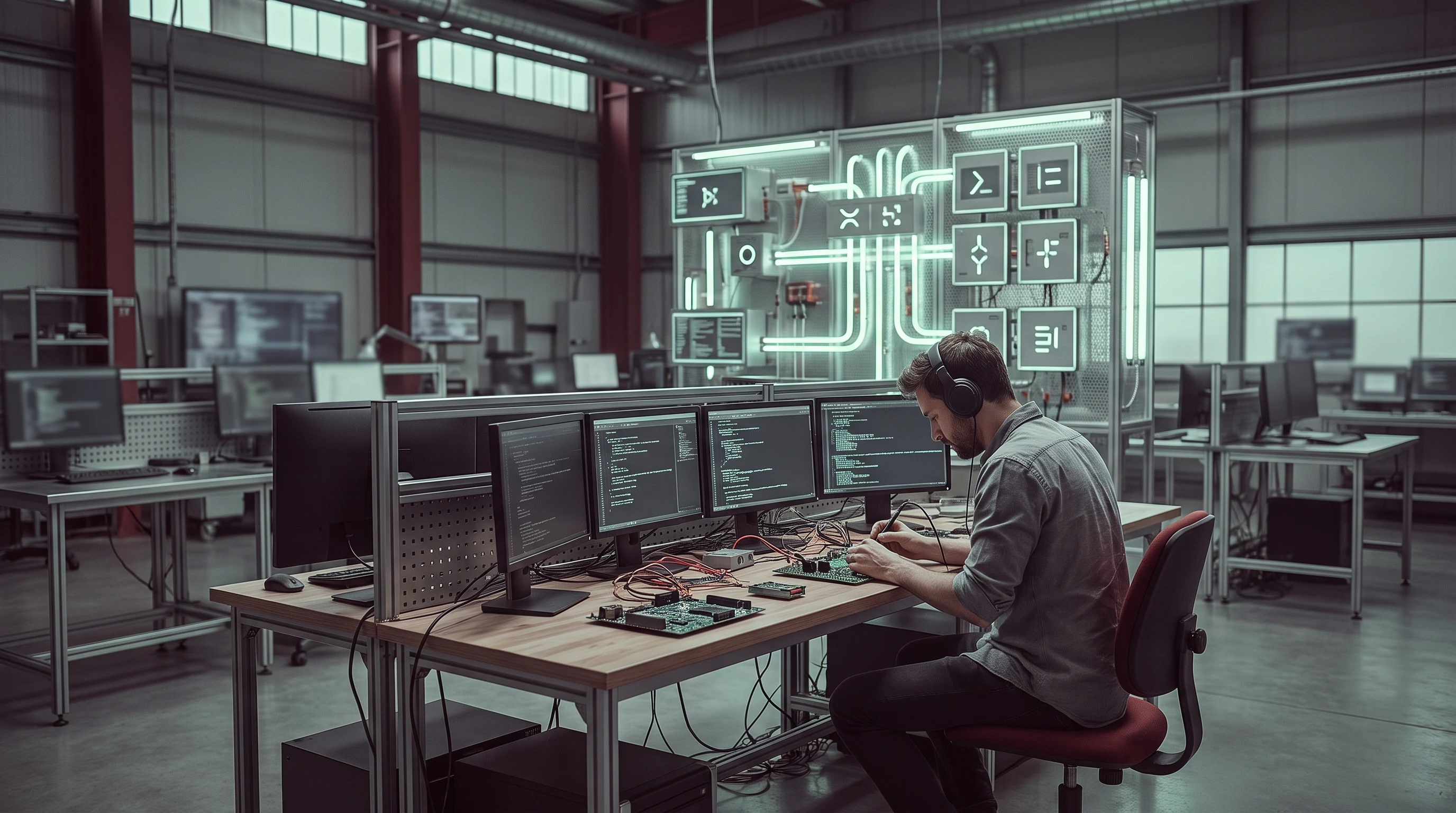Engineer working beside a monitor wall